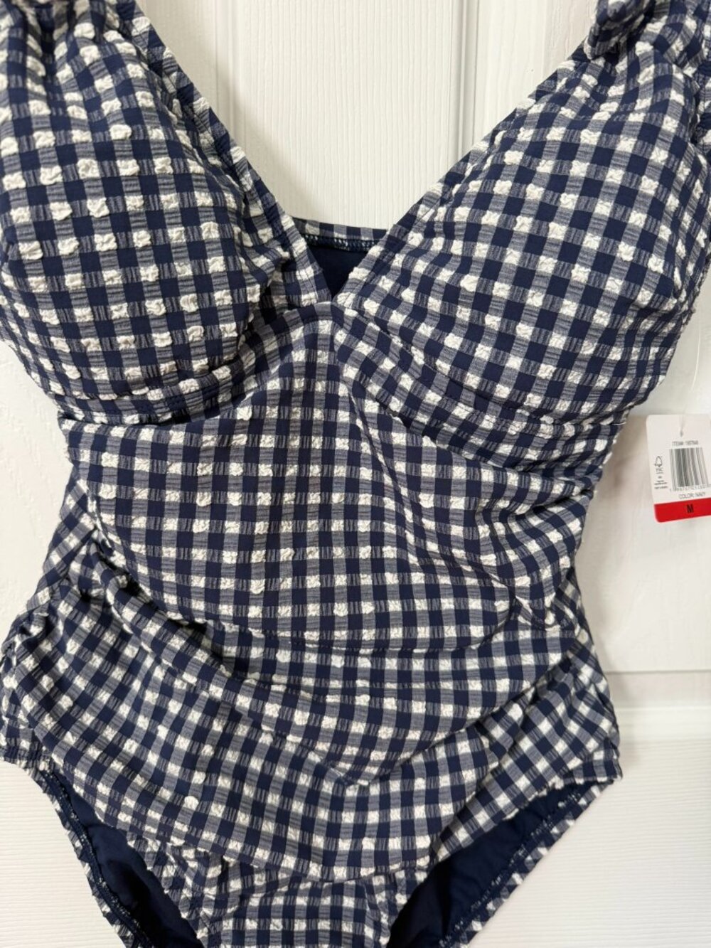 Ellen Tracy Gingham One Piece Swimsuit Ruched Tie Strap NWT Size M - Picture 4 of 10